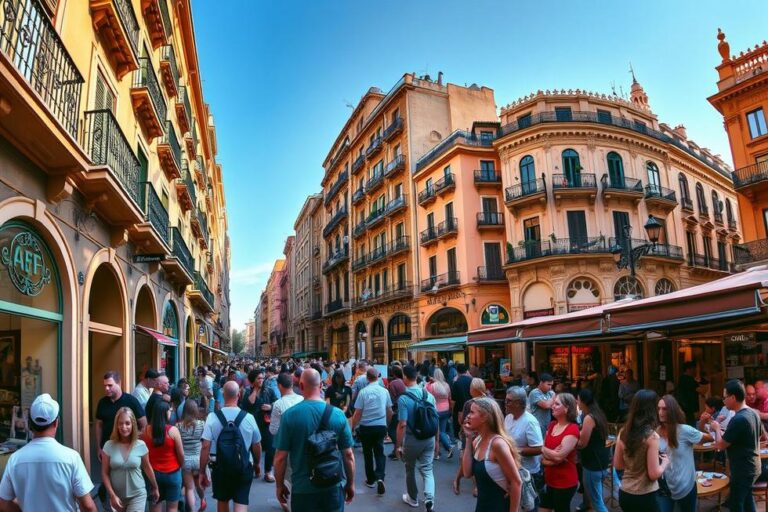 Rua de Barcelona com artistas locais e turistas explorando a cultura.