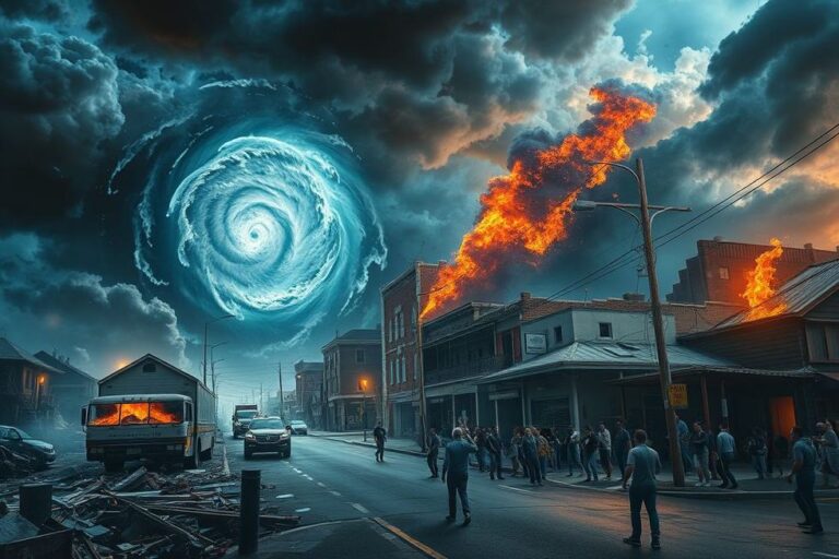 Desastre natural com pessoas se preparando e respondendo eficazmente.