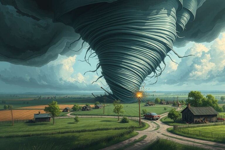 Tornado causando destruição em uma zona rural.