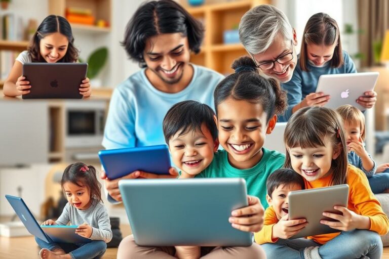 Crianças felizes utilizando tecnologia sob a supervisão dos pais.