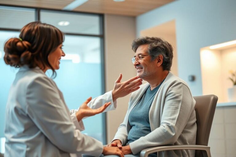Cena de conversa empática entre médico e paciente em um ambiente clínico.