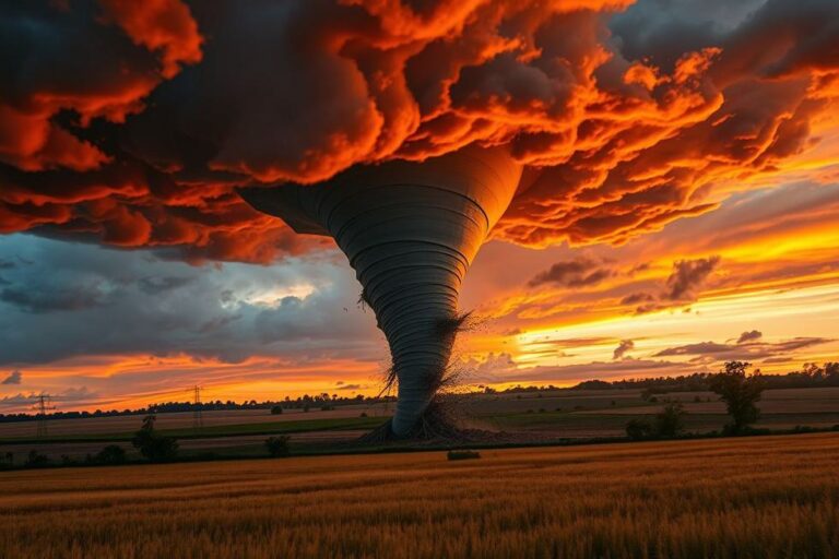 Um tornado atingindo uma área rural, mostrando seu poder e perigo.