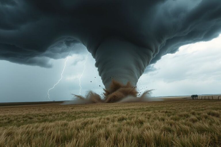 Tornado aterrissando em campo aberto.