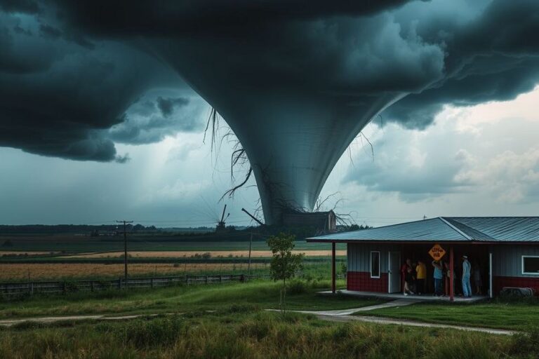 Um tornado impressionante causando destruição, com pessoas buscando abrigo.