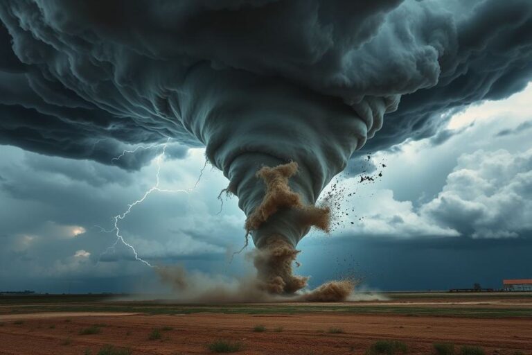Cenário mostrando um tornado tocando o solo, evidenciando o poder destrutivo da natureza.