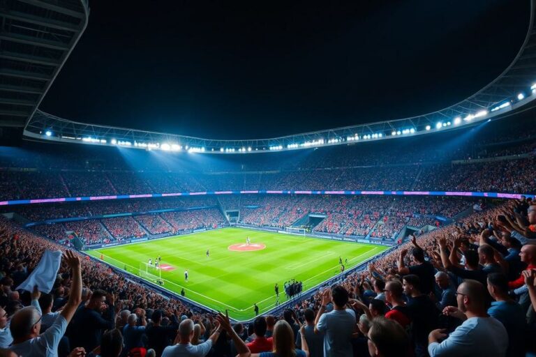 Torcedores do PSG e Tottenham em um estádio lotado.