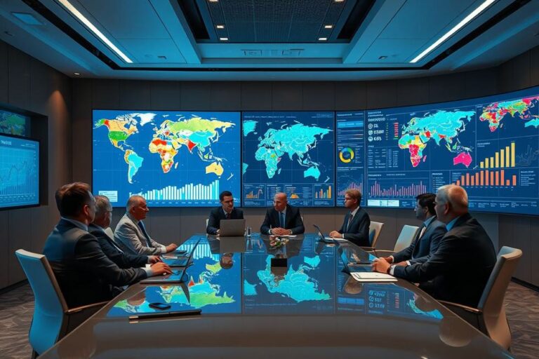 Executivos discutindo estratégias de exportação em um ambiente profissional.