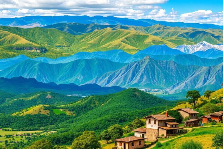 Diversas paisagens do Rio Grande do Sul, com montanhas e vales.