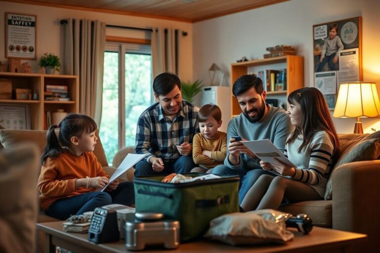 Família realizando um exercício de simulação de desastres em casa.
