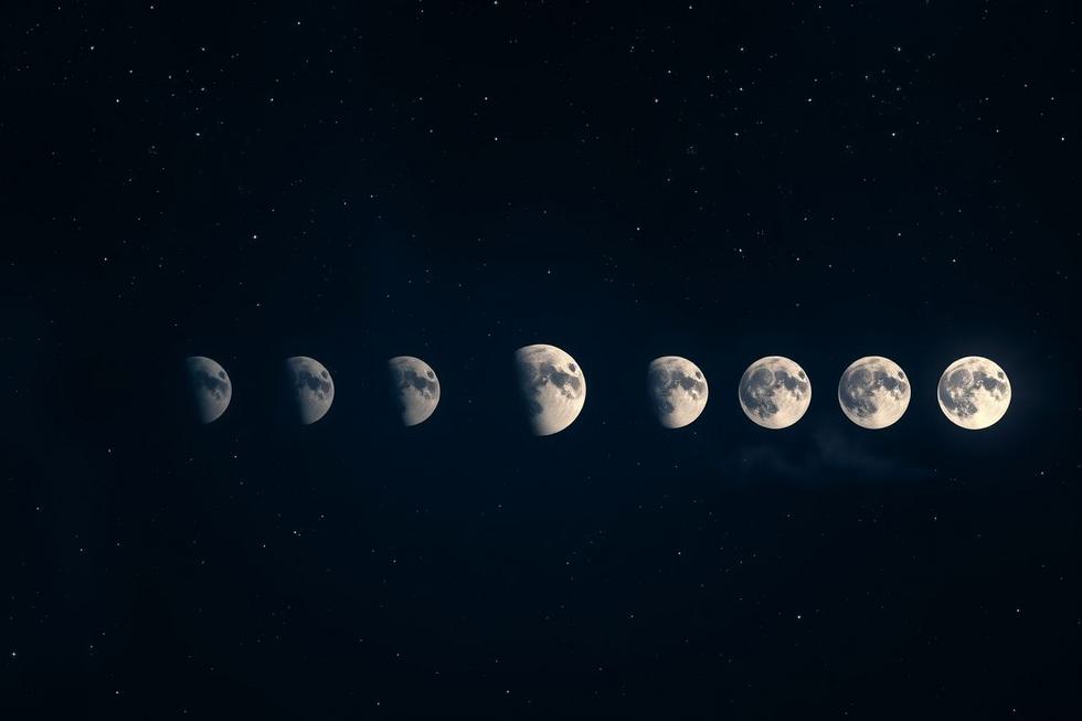 Uma ilustração das várias fases da lua no céu noturno.