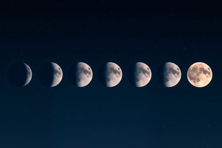 Representação artística das fases da Lua, mostrando a transição lunar.