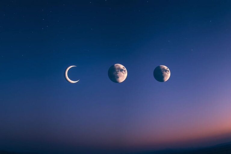 Uma vista panorâmica mostrando as quatro fases da lua contra um céu crepuscular.