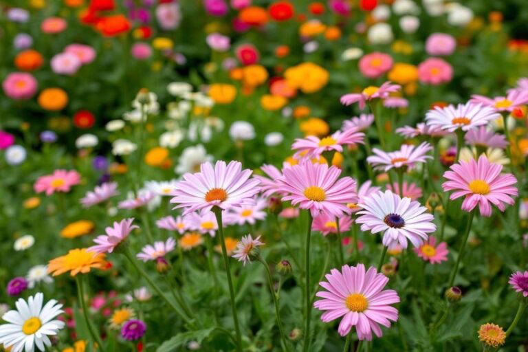 Um jardim florido e vibrante com diferentes tipos de flores.