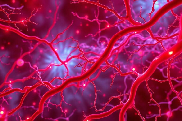 Visão de vasos sanguíneos com sangue saudável fluindo, representando renovação e vigor.