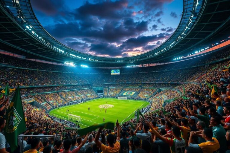 Torcedores apaixonados de Universitario e Palmeiras em um estádio.