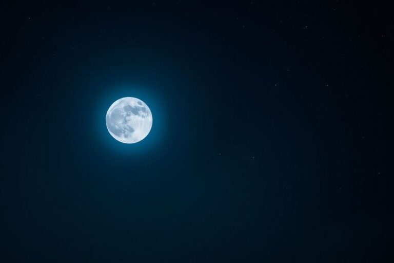 Fotografia da Lua Cheia brilhando intensamente em um céu noturno cheio de estrelas.