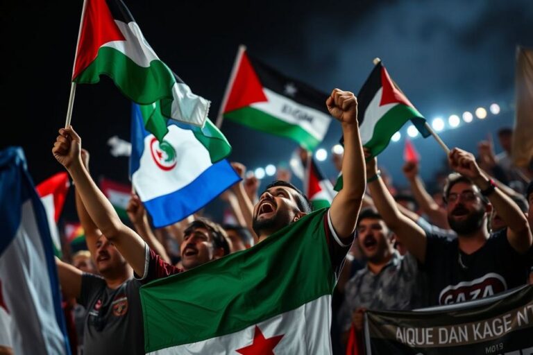 Torcedores de futebol em Gaza celebrando a paixão pelo esporte.
