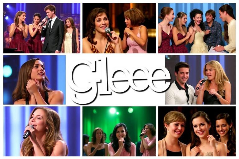 Colagem de momentos marcantes de Glee.