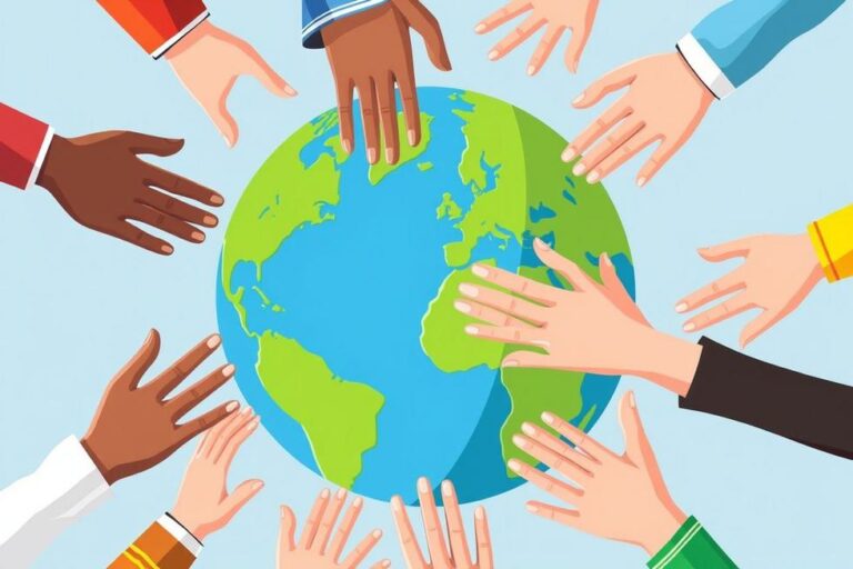 Representação da confiança global com mãos de várias culturas unidas.