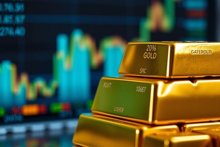 Close-up de barras de ouro com gráficos financeiros desfocados ao fundo.