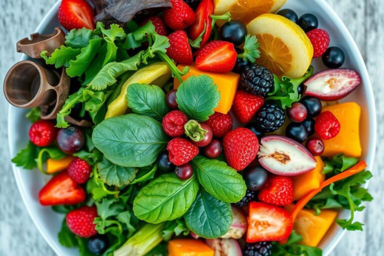 Uma refeição colorida e saudável composta por superalimentos.