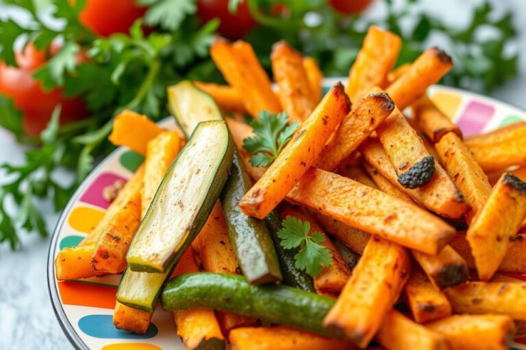 Imagens de batatas fritas saudáveis em várias formas sobre uma mesa ornamentada.