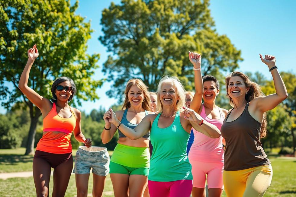 Grupo diverso de mulheres celebrando após exercício, simbolizando saúde cardiovascular.