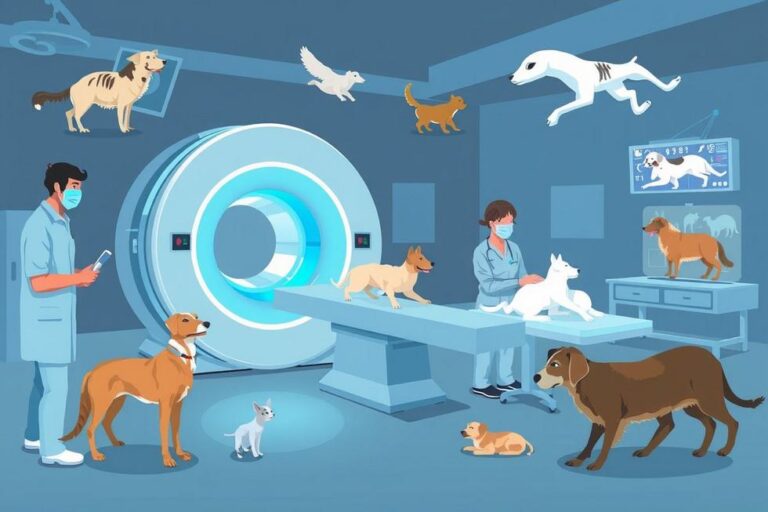 Veterinários utilizando tecnologia de tomografia em várias espécies animais.