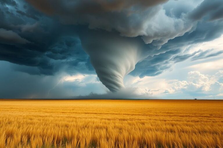 Vista de um tornado sobre uma paisagem ampla.