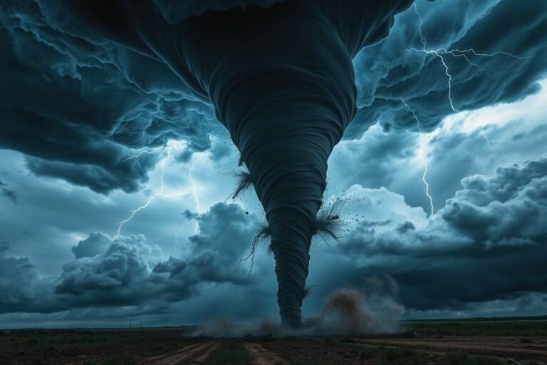 Um tornado com funil em descida, mostrando a intensidade do fenômeno.