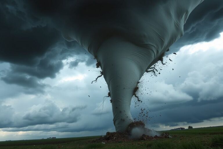 Tornado em ação com nuvens escuras e debris sendo levantado.