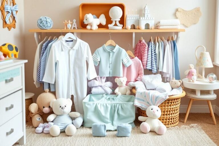 Itens de bebê de alta qualidade organizados em um ambiente de berçário elegante.