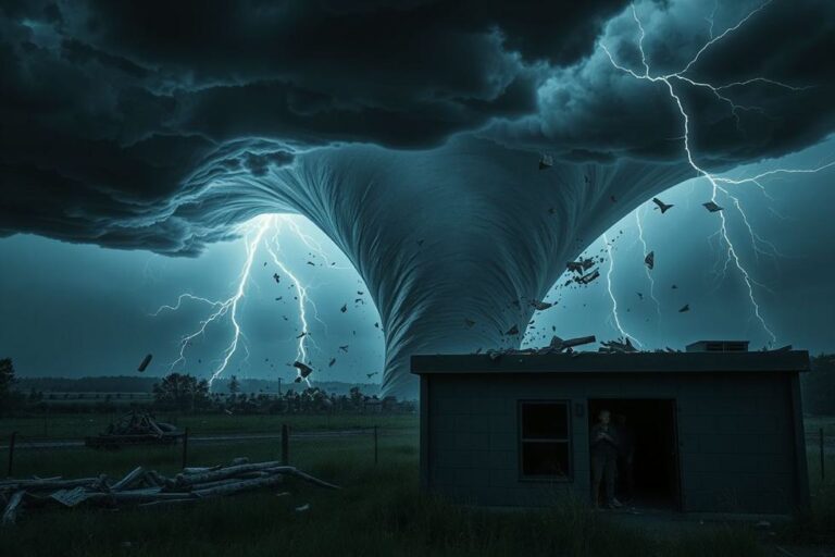 Tornado aterrissando e residentes assustados buscando abrigo.