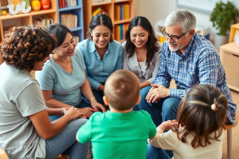 Grupo de pais e educadores discutindo medidas de segurança infantil.