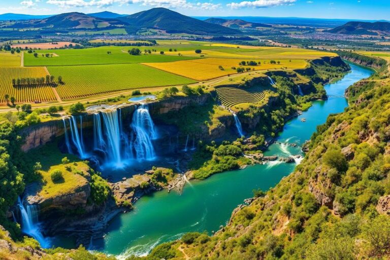 Paisagem do Rio Grande do Sul com vinhedos e cachoeiras.