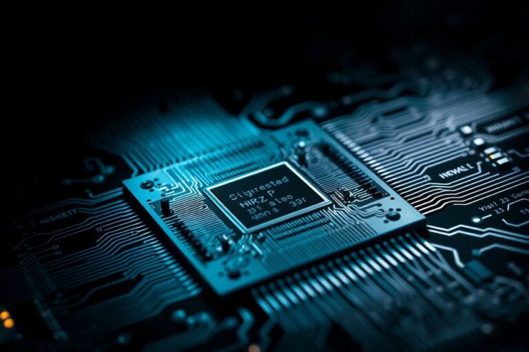 Close-up de chips semicondutores, enfatizando sua complexidade e importância.