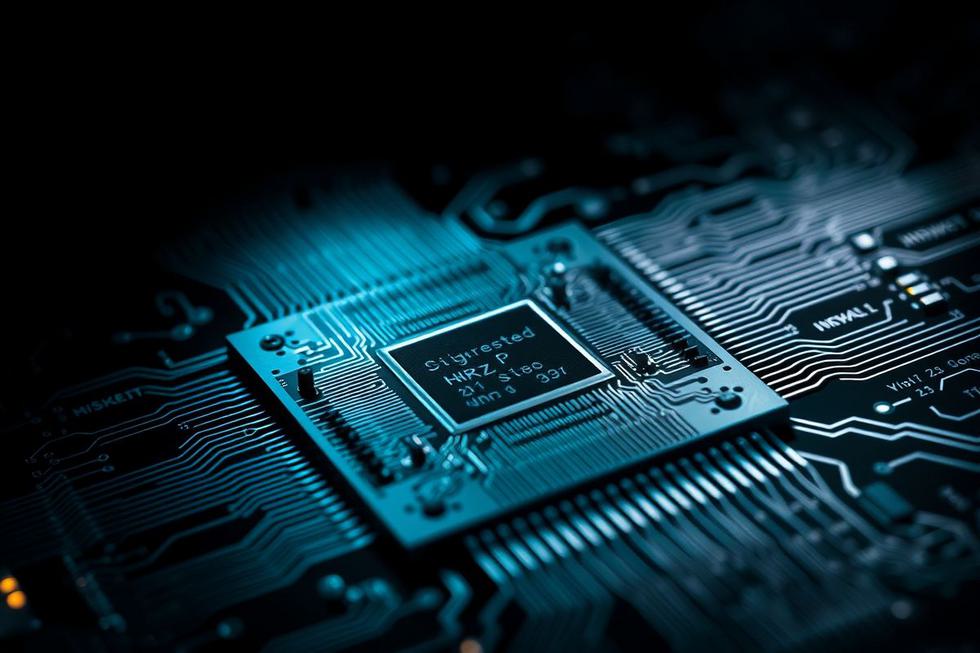 Close-up de chips semicondutores, enfatizando sua complexidade e importância.