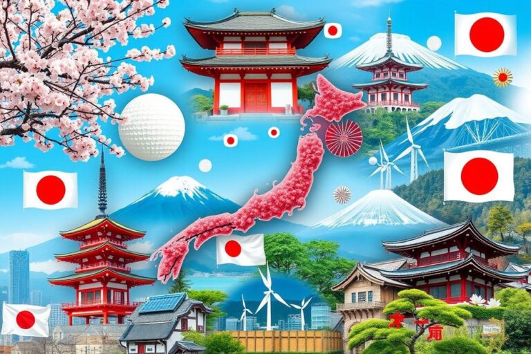 Uma montagem visual com símbolos do Japão, como flores de cerejeira e arquitetura tradicional, refletindo a diversidade econômica.