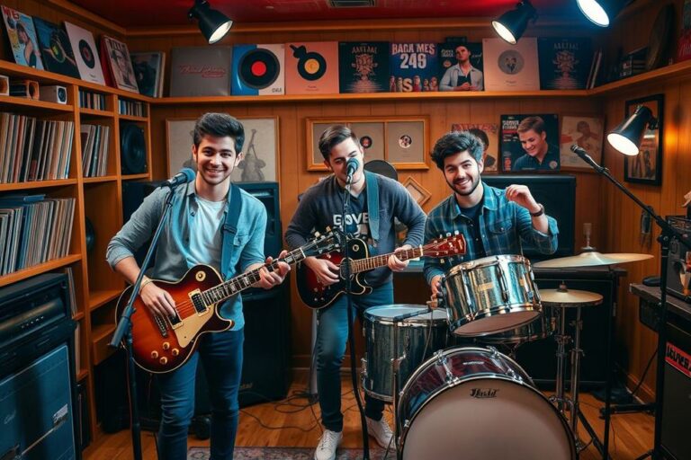 Os Jonas Brothers em um estúdio de música.