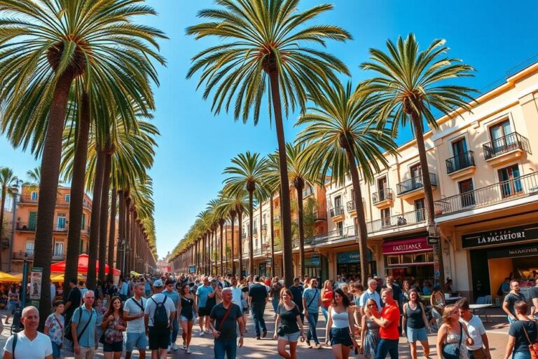Rua La Rambla cheia de vida e turistas em Barcelona