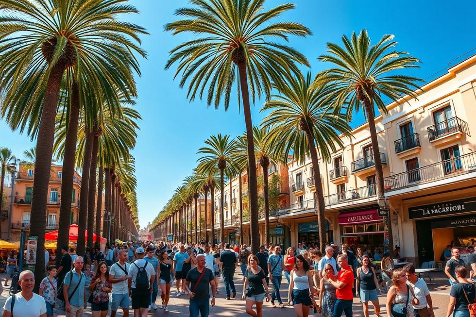 Rua La Rambla cheia de vida e turistas em Barcelona