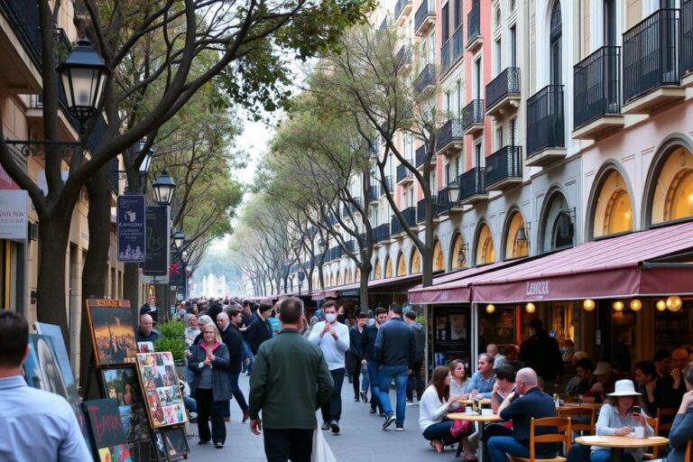 La Rambla cheia de vida, com artistas e cafés.