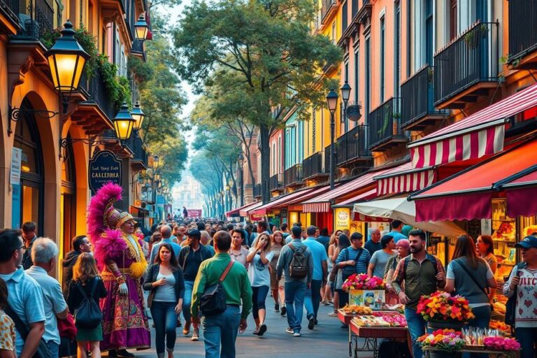 Cena animada de La Rambla, cheia de turistas e artistas de rua.