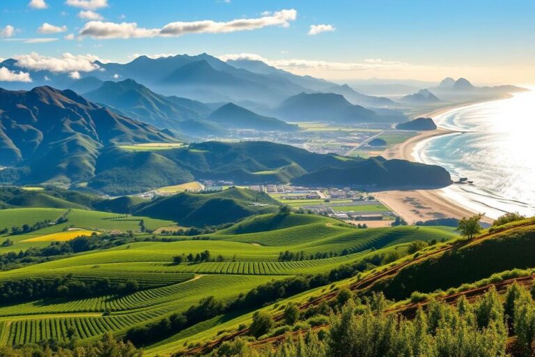Paisagens diversificadas do Rio Grande do Sul, abrangendo vinhedos, montanhas e litoral.