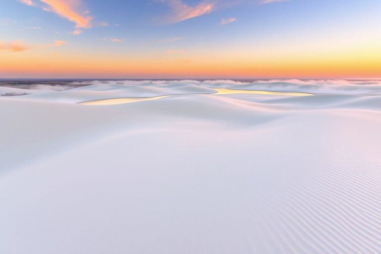 Paisagem das dunas brancas e lagoas nos Lençóis Maranhenses durante o nascer do sol.
