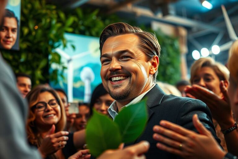 Leonardo DiCaprio interagindo com fãs e promovendo causas sociais.