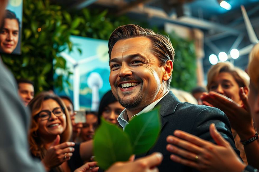 Leonardo DiCaprio interagindo com fãs e promovendo causas sociais.
