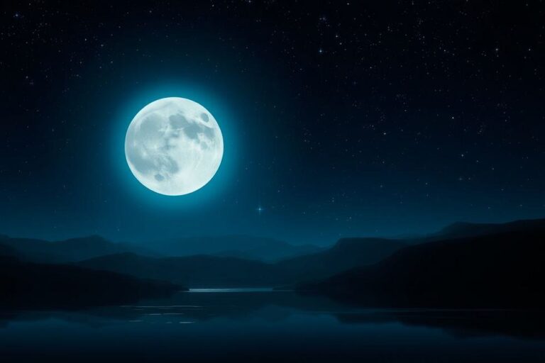 Uma Lua Cheia radiante iluminando um céu estrelado e uma paisagem tranquila.