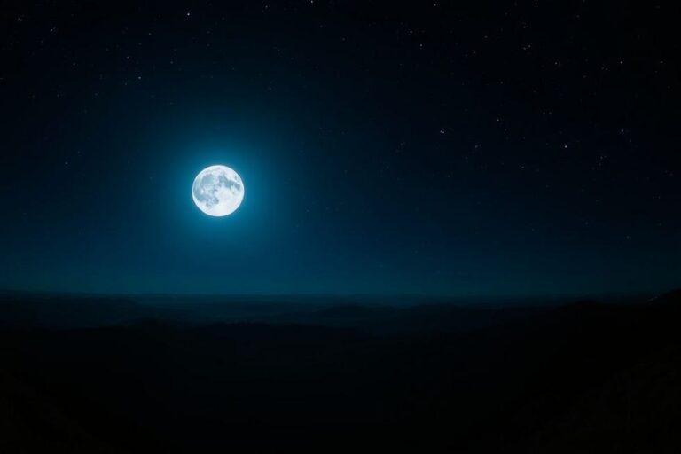 Uma cheia iluminando uma paisagem serena com estrelas