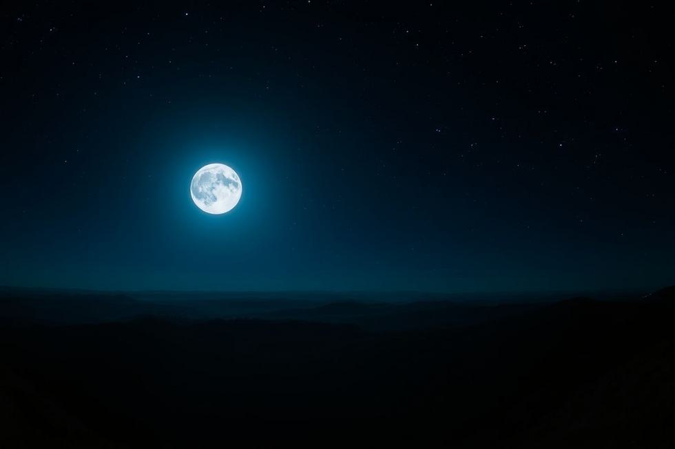 Uma cheia iluminando uma paisagem serena com estrelas